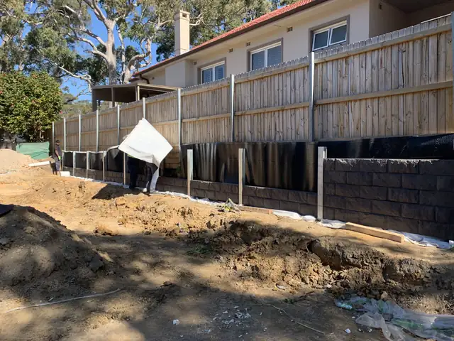 Geofabric installed behind a charcoal concrete sleeper retaining wall